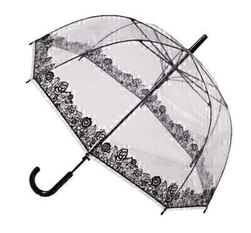Clear Dome See Through Transparent Lace STICK Umbrella This clear transparent dome Stick Umberella featuring Black Lace is very eye catching. With virtually unbreakable fibreglass ribs it allows for flexibility in windy conditions. A secure velcro fastening and black handle finish off this stylish design.